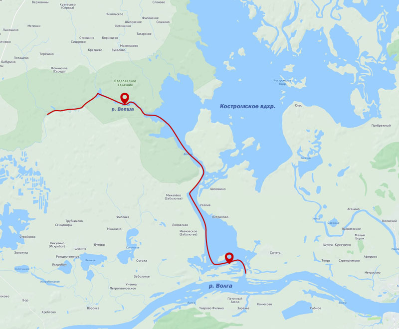 Нитка нашего маршрута: Саметская промоина – западное побережье Костромскго водохранилища – р. Вопша. И обратно тем же маршрутом.