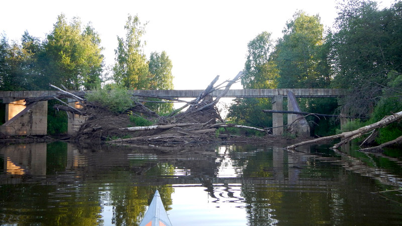 Так выглядит старый мост в Мисково. Сплошной завал, и вроде бы непроходим. Но мы его преодолели, не покидая каяки.