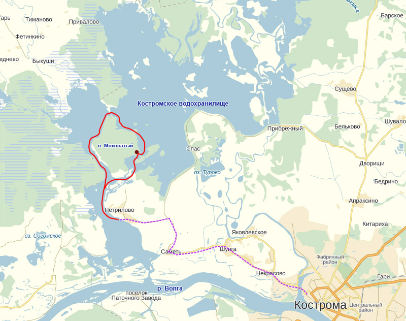 Вот схема нашего скромного путешествия. Трансфер Кострома-Петрилово. Далее перемещение на каяках по Саметской промоине до самого большого острова водохранилища - острова Моховатого. Ночевка на острове. На следующий день огибаем остров и возвращаемся к месту старта - с. Петрилово.
